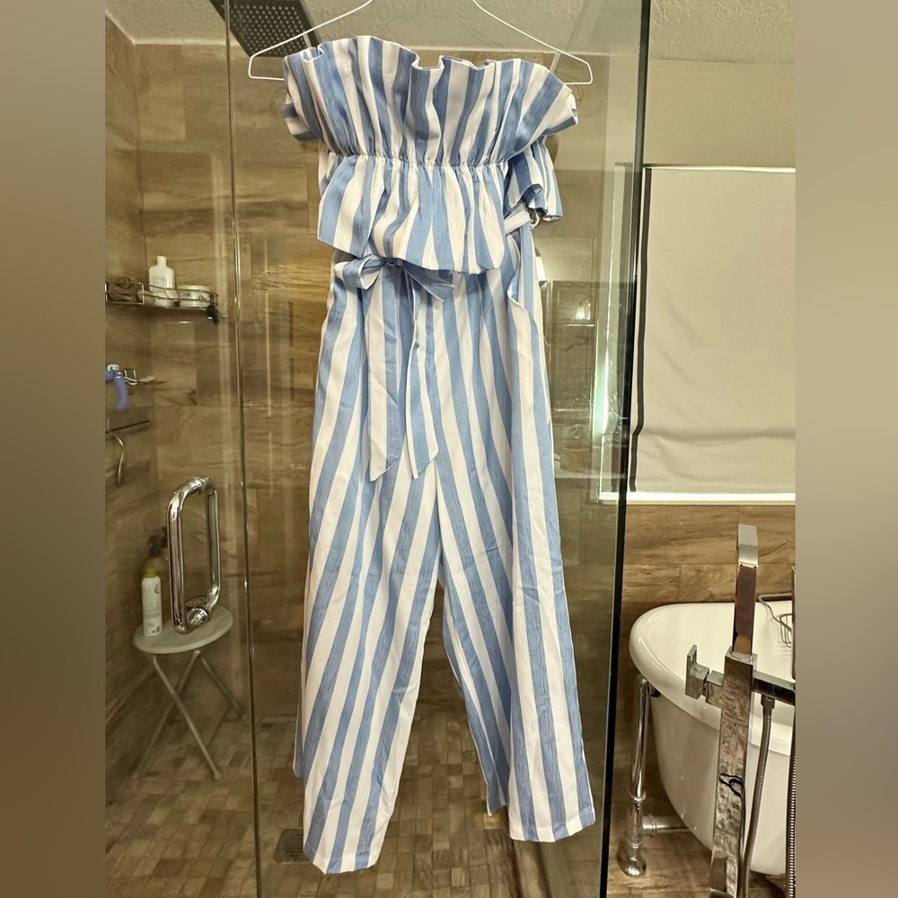 VICI blue stripe ruffle detail jumpsuit